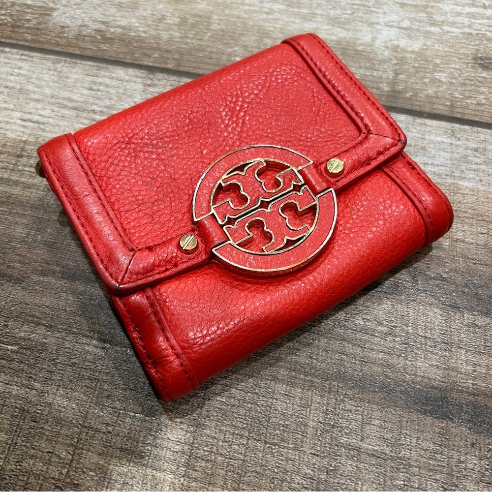 Tory Burch Red Leather Logo Compact Wallet